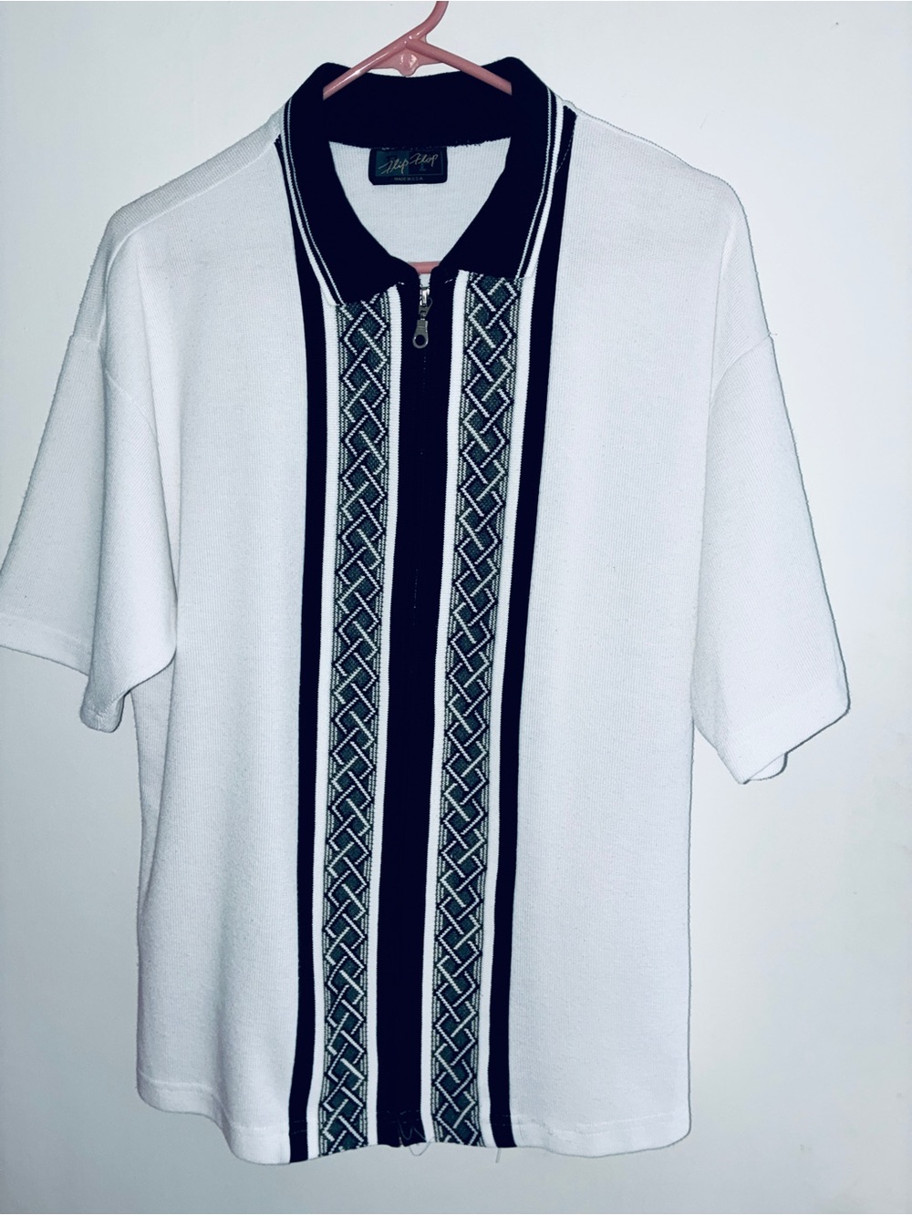 Classic White Men's Polo with Black Trim and Zip